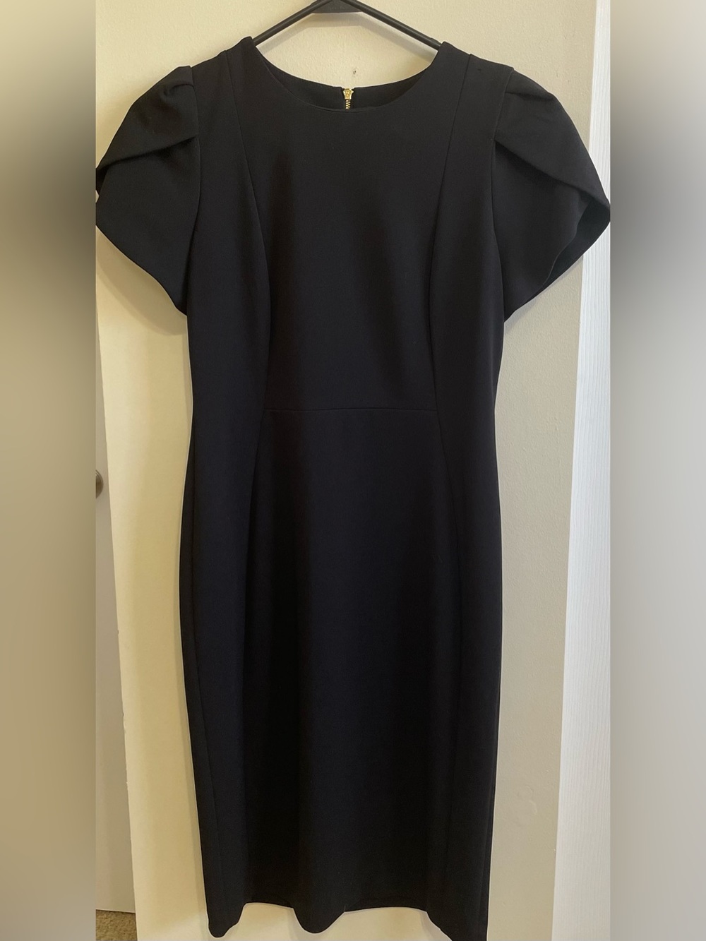 Calvin Klein Tulip Sleeve Black Crepe Midi Sheath Dress Sz 8